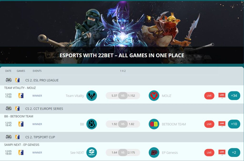 Esports betting at 22Bet India