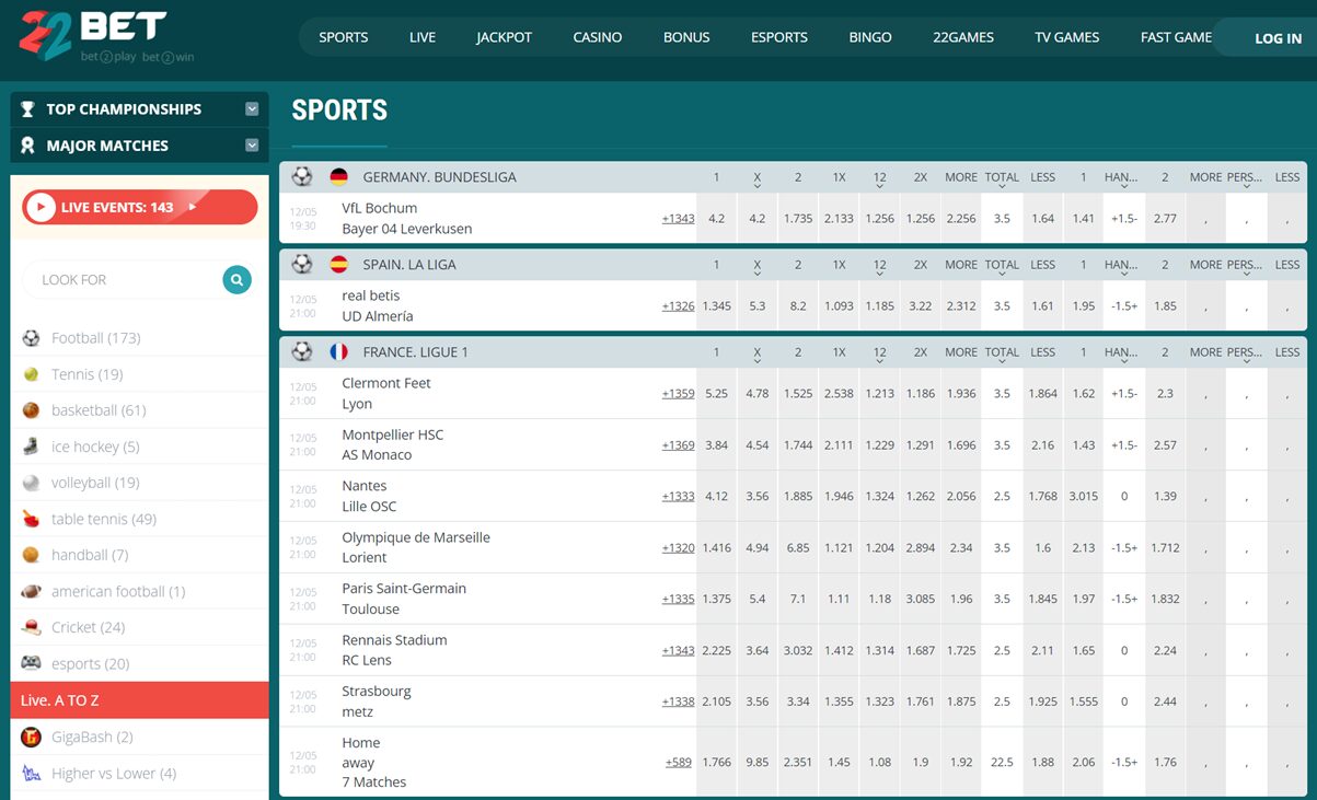 Sports betting at 22Bet India